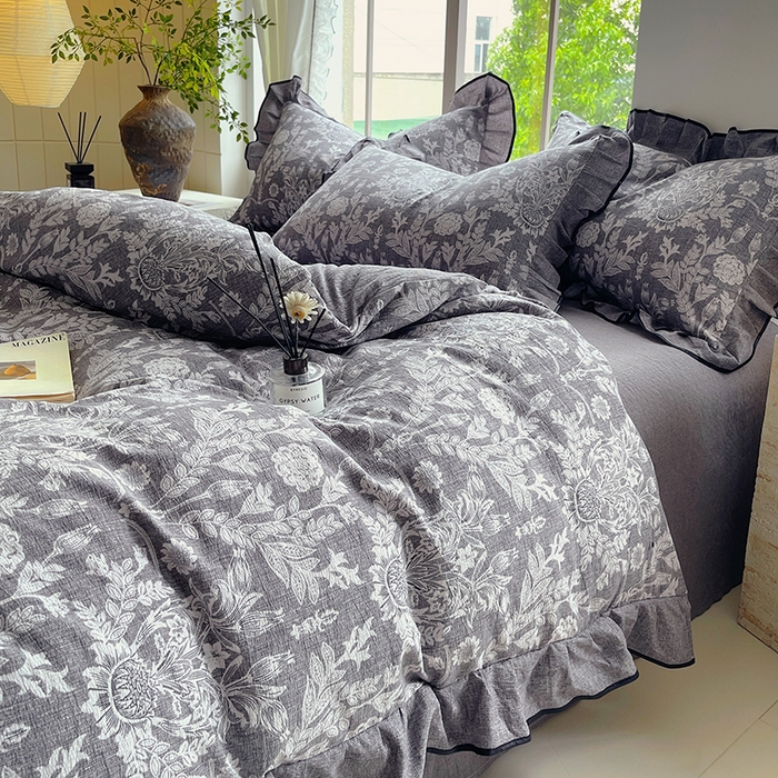 91家纺网 家纺一手货源 找家纺 宝士康家纺 2025新品10A抗菌原麻荷叶边床单款四件套 人间草木