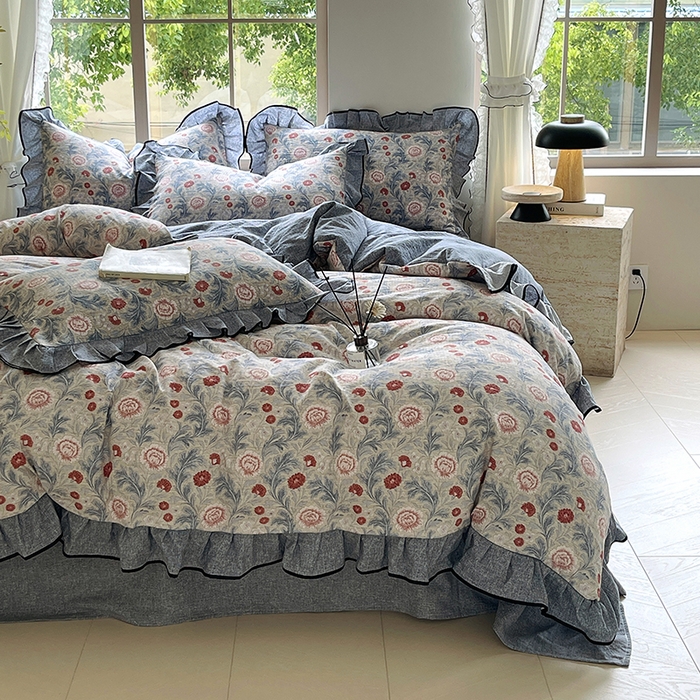 91家纺网 家纺一手货源 找家纺 宝士康家纺 2025新品10A抗菌原麻荷叶边床单款四件套 繁花似锦