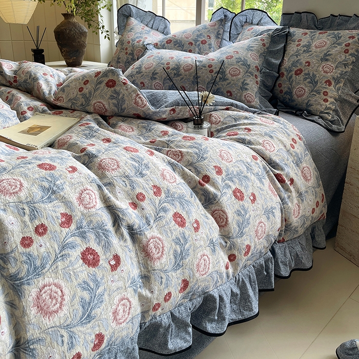 91家纺网 家纺一手货源 找家纺 宝士康家纺 2025新品10A抗菌原麻荷叶边床单款四件套 繁花似锦