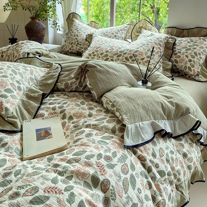 91家纺网 家纺一手货源 找家纺 宝士康家纺 2025新品10A抗菌原麻荷叶边床单款四件套 绿野仙踪