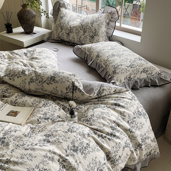 91家纺网 家纺一手货源 找家纺 宝士康家纺 2025新品10A抗菌原麻荷叶边床单款四件套 灰色空间