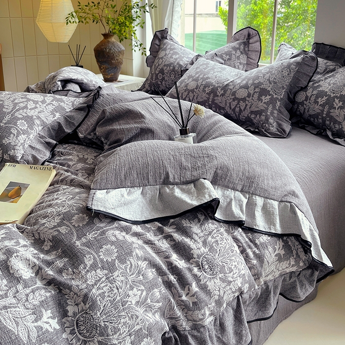 91家纺网 家纺一手货源 找家纺 宝士康家纺 2025新品10A抗菌原麻荷叶边床单款四件套 人间草木