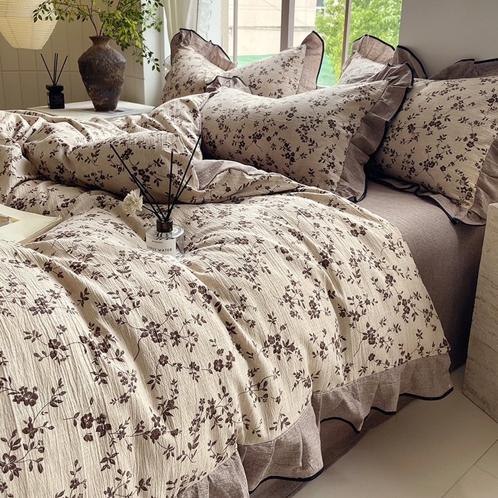 91家纺网 家纺一手货源 找家纺 宝士康家纺 2025新品10A抗菌原麻荷叶边床单款四件套 花枝漫天