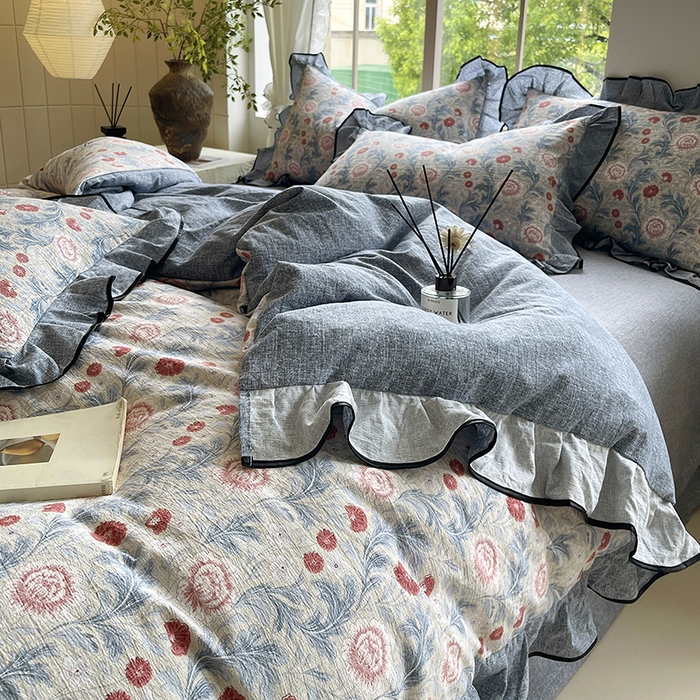 91家纺网 家纺一手货源 找家纺 宝士康家纺 2025新品10A抗菌原麻荷叶边床单款四件套 繁花似锦