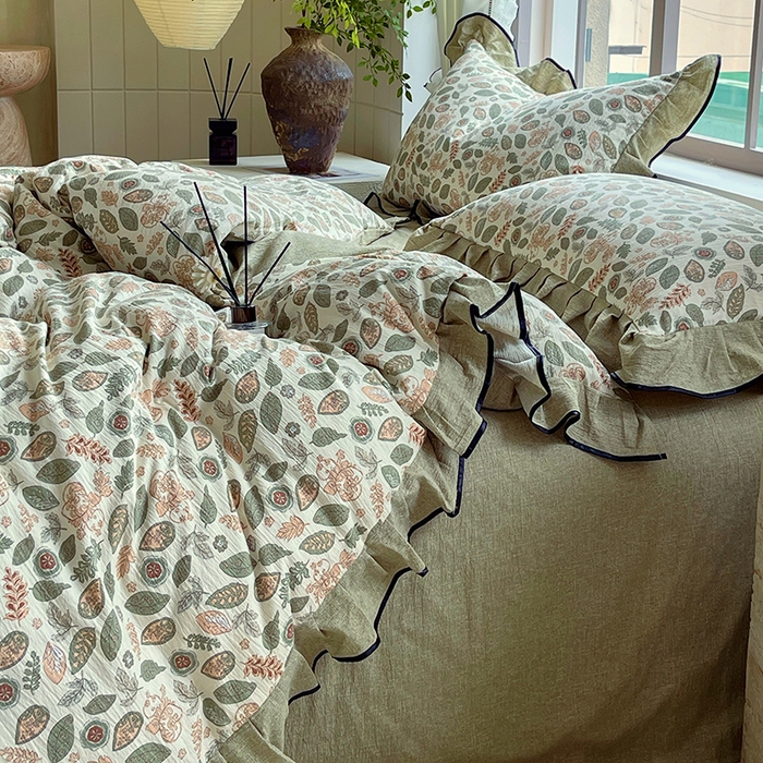 91家纺网 家纺一手货源 找家纺 宝士康家纺 2025新品10A抗菌原麻荷叶边床单款四件套 绿野仙踪