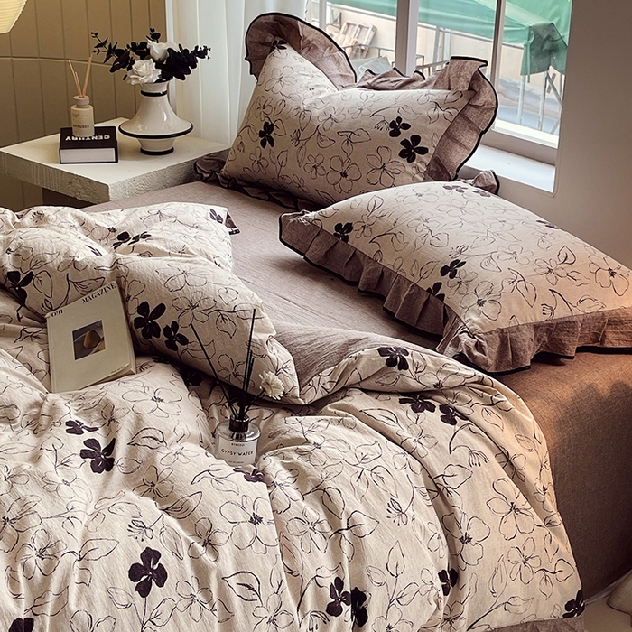 91家纺网 家纺一手货源 找家纺 宝士康家纺 2025新品10A抗菌原麻荷叶边床单款四件套 朝花夕拾