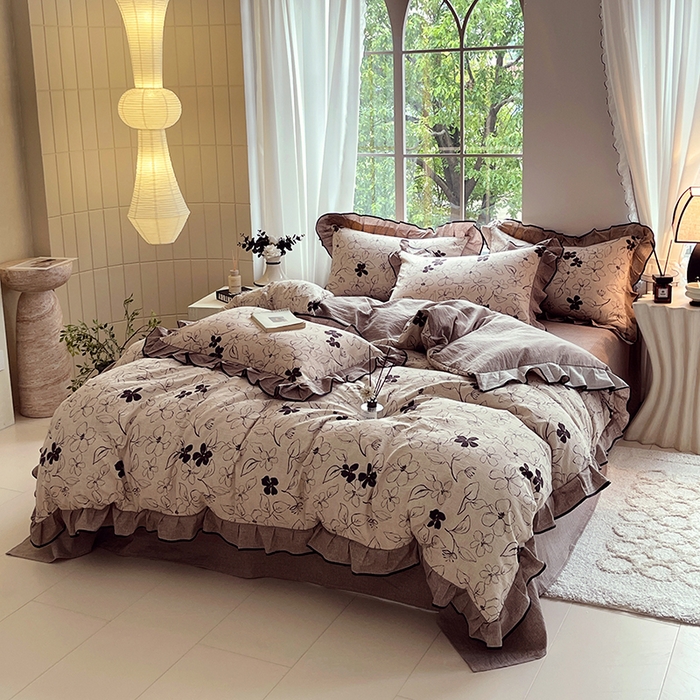 91家纺网 家纺一手货源 找家纺 宝士康家纺 2025新品10A抗菌原麻荷叶边床单款四件套 朝花夕拾