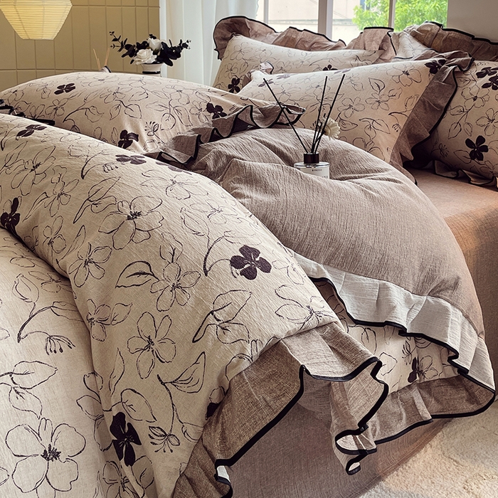 91家纺网 家纺一手货源 找家纺 宝士康家纺 2025新品10A抗菌原麻荷叶边床单款四件套 朝花夕拾