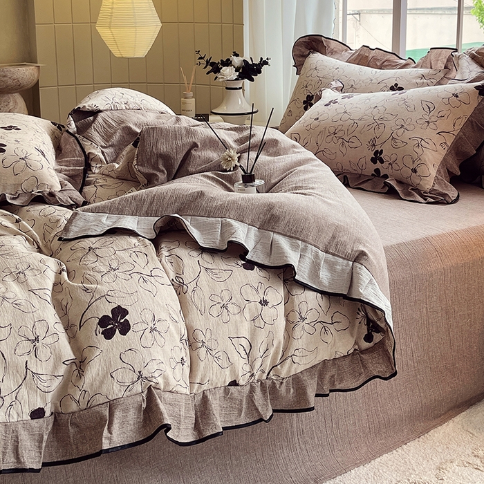 91家纺网 家纺一手货源 找家纺 宝士康家纺 2025新品10A抗菌原麻荷叶边床单款四件套 朝花夕拾