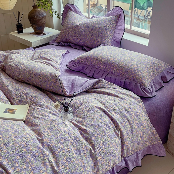 91家纺网 家纺一手货源 找家纺 宝士康家纺 2025新品10A抗菌原麻荷叶边床单款四件套 甜蜜紫园