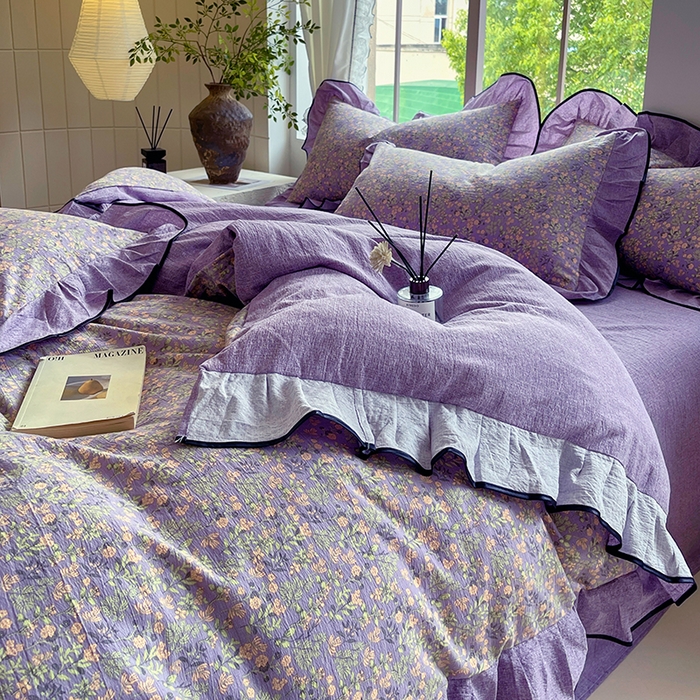 91家纺网 家纺一手货源 找家纺 宝士康家纺 2025新品10A抗菌原麻荷叶边床单款四件套 甜蜜紫园