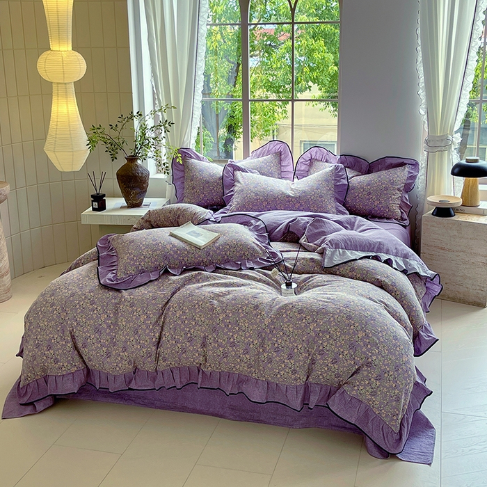 91家纺网 家纺一手货源 找家纺 宝士康家纺 2025新品10A抗菌原麻荷叶边床单款四件套 甜蜜紫园