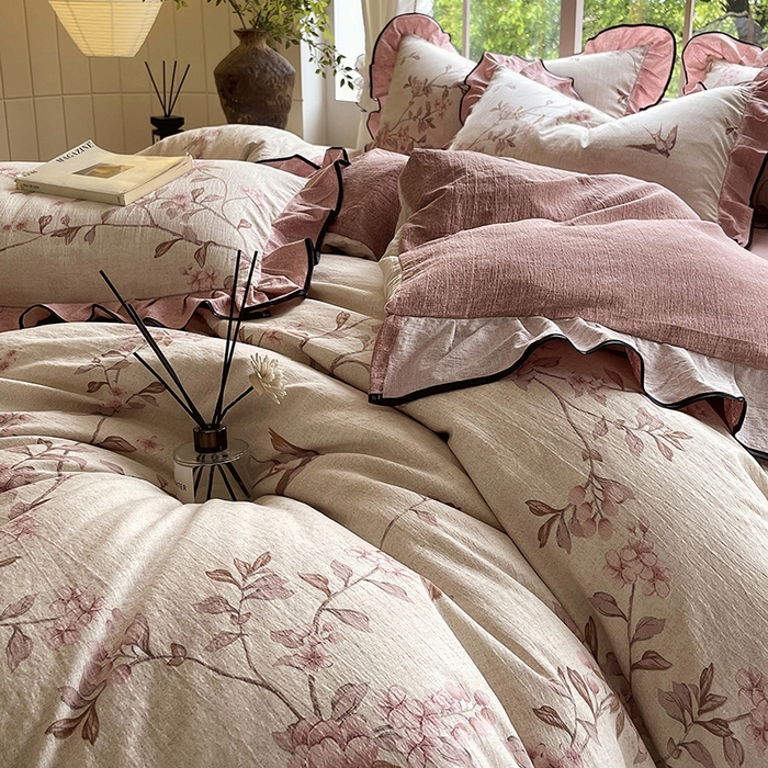 91家纺网 家纺一手货源 找家纺 宝士康家纺 2025新品10A抗菌原麻荷叶边床单款四件套 雁南飞