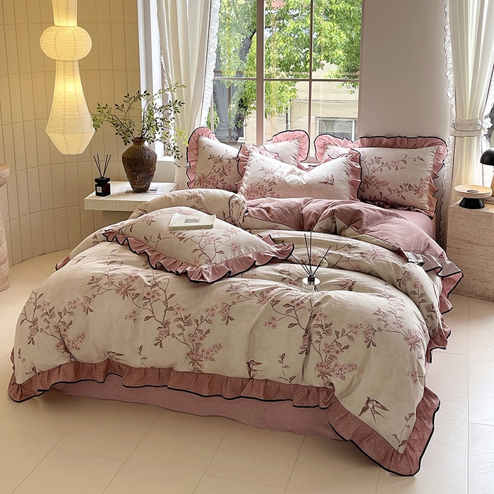 91家纺网 家纺一手货源 找家纺 宝士康家纺 2025新品10A抗菌原麻荷叶边床单款四件套 雁南飞