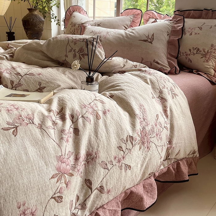 91家纺网 家纺一手货源 找家纺 宝士康家纺 2025新品10A抗菌原麻荷叶边床单款四件套 雁南飞