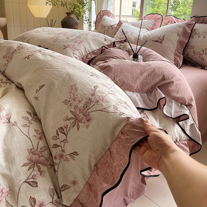 91家纺网 家纺一手货源 找家纺 （总）宝士康家纺 2025新品10A抗菌原麻荷叶边床单款四件套