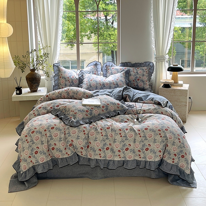 91家纺网 家纺一手货源 找家纺 宝士康家纺 2025新品10A抗菌原麻荷叶边床单款四件套 繁花似锦