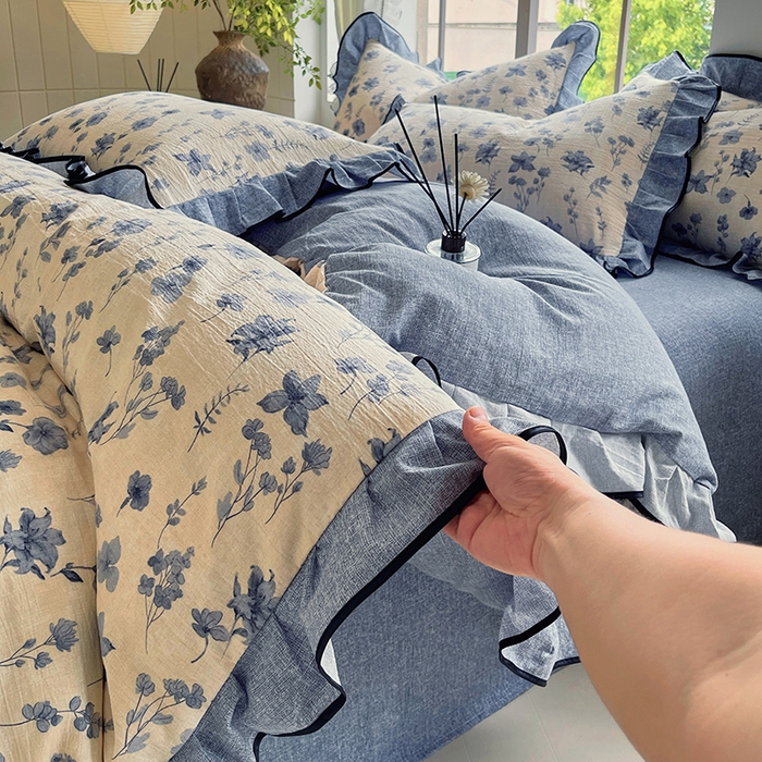 91家纺网 家纺一手货源 找家纺 宝士康家纺 2025新品10A抗菌原麻荷叶边床单款四件套 水墨江南