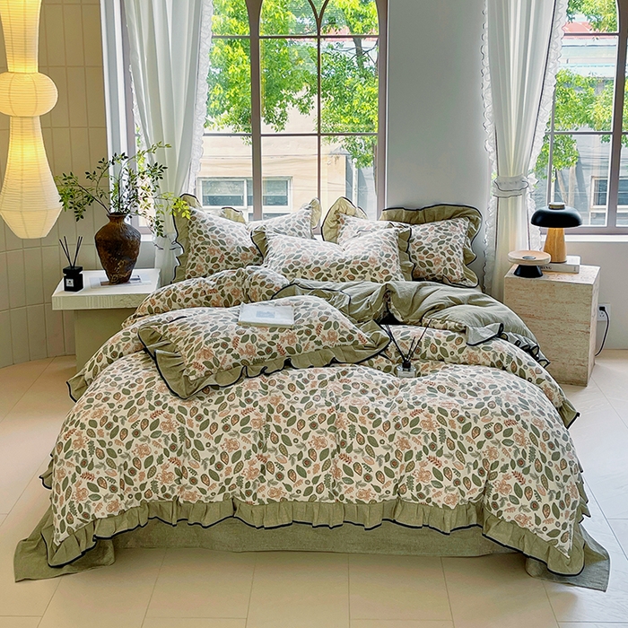 91家纺网 家纺一手货源 找家纺 宝士康家纺 2025新品10A抗菌原麻荷叶边床单款四件套 绿野仙踪