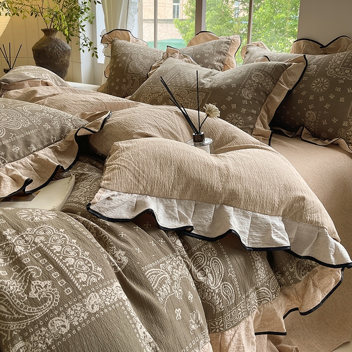 91家纺网 家纺一手货源 找家纺 宝士康家纺 2025新品10A抗菌原麻荷叶边床单款四件套 墨染芳华