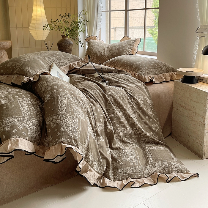 91家纺网 家纺一手货源 找家纺 宝士康家纺 2025新品10A抗菌原麻荷叶边床单款四件套 墨染芳华