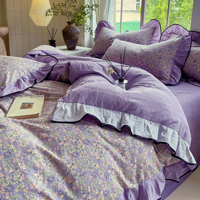 91家纺网 家纺一手货源 找家纺 宝士康家纺 2025新品10A抗菌原麻荷叶边床单款四件套 甜蜜紫园