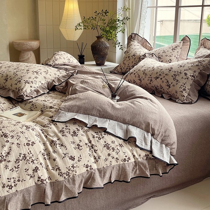 91家纺网 家纺一手货源 找家纺 宝士康家纺 2025新品10A抗菌原麻荷叶边床单款四件套 花枝漫天