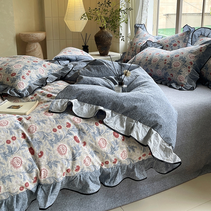 91家纺网 家纺一手货源 找家纺 宝士康家纺 2025新品10A抗菌原麻荷叶边床单款四件套 繁花似锦