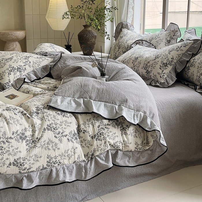91家纺网 家纺一手货源 找家纺 宝士康家纺 2025新品10A抗菌原麻荷叶边床单款四件套 灰色空间