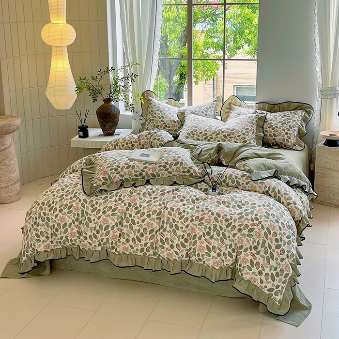 91家纺网 家纺一手货源 找家纺 宝士康家纺 2025新品10A抗菌原麻荷叶边床单款四件套 绿野仙踪