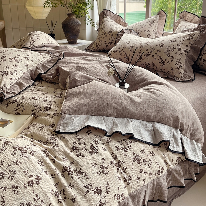 91家纺网 家纺一手货源 找家纺 宝士康家纺 2025新品10A抗菌原麻荷叶边床单款四件套 花枝漫天