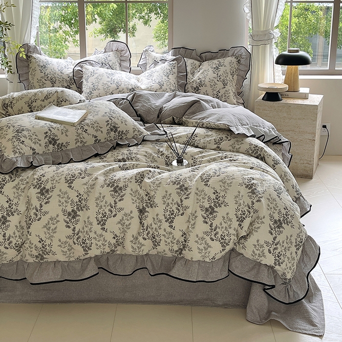 91家纺网 家纺一手货源 找家纺 宝士康家纺 2025新品10A抗菌原麻荷叶边床单款四件套 灰色空间