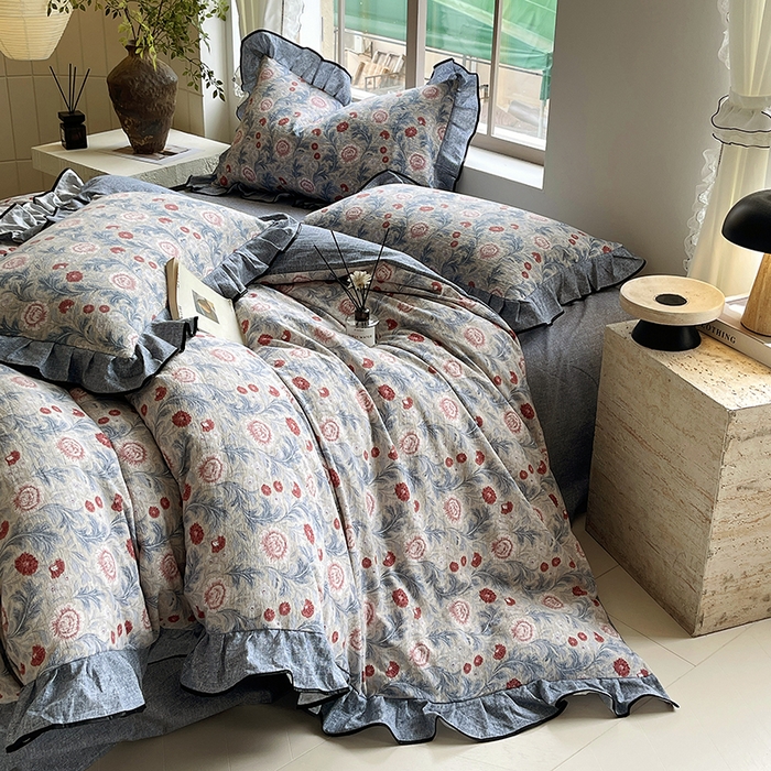 91家纺网 家纺一手货源 找家纺 宝士康家纺 2025新品10A抗菌原麻荷叶边床单款四件套 繁花似锦