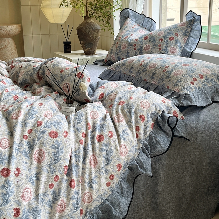 91家纺网 家纺一手货源 找家纺 宝士康家纺 2025新品10A抗菌原麻荷叶边床单款四件套 繁花似锦