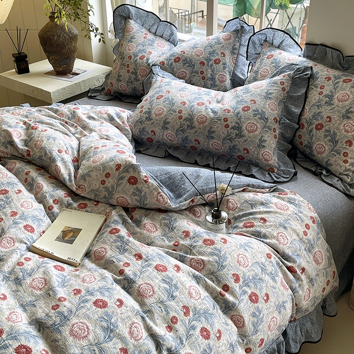 91家纺网 家纺一手货源 找家纺 宝士康家纺 2025新品10A抗菌原麻荷叶边床单款四件套 繁花似锦