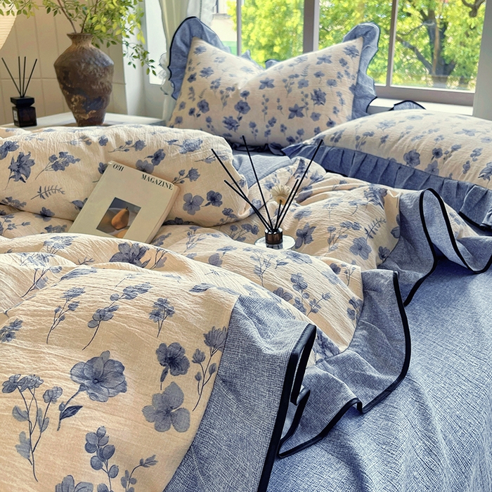 91家纺网 家纺一手货源 找家纺 宝士康家纺 2025新品10A抗菌原麻荷叶边床单款四件套 水墨江南