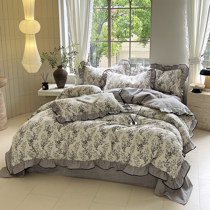 91家纺网 家纺一手货源 找家纺 宝士康家纺 2025新品10A抗菌原麻荷叶边床单款四件套 灰色空间