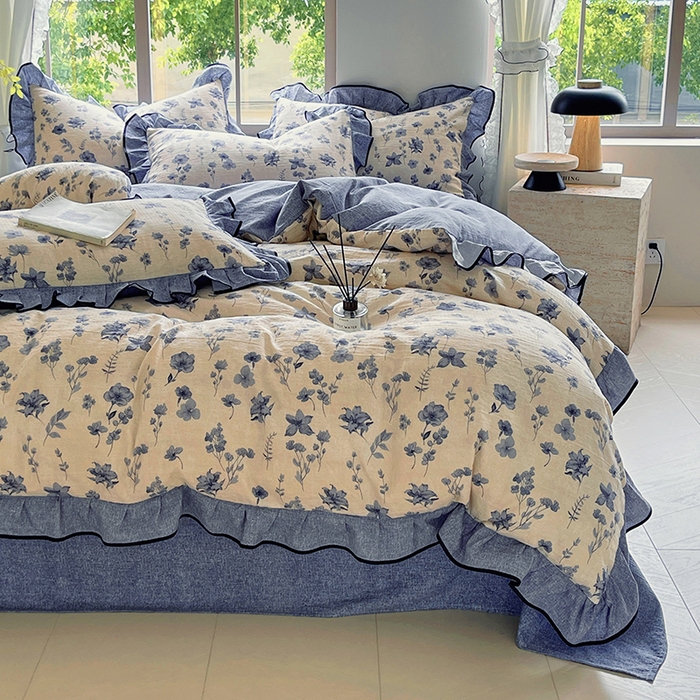 91家纺网 家纺一手货源 找家纺 宝士康家纺 2025新品10A抗菌原麻荷叶边床单款四件套 水墨江南