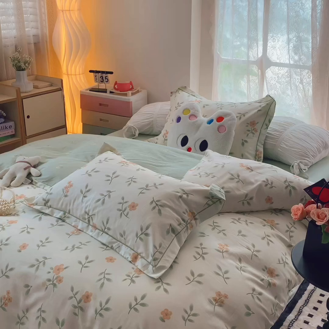91家纺网 家纺一手货源 找家纺 莱豫家纺 2025新款全棉纯棉四件套 青栀