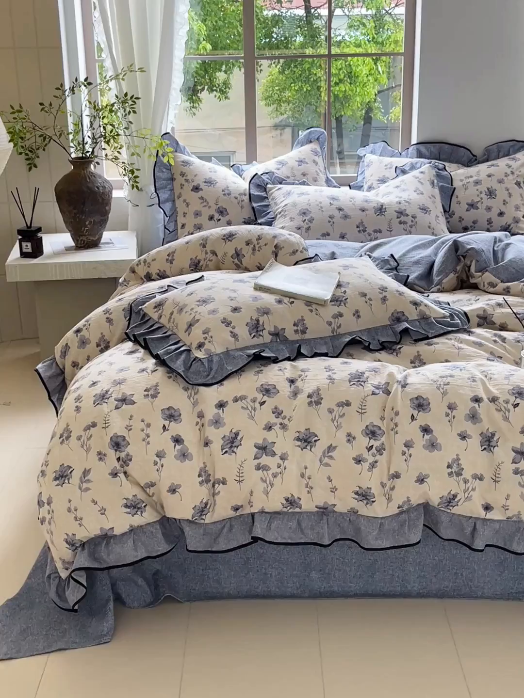 91家纺网 家纺一手货源 找家纺 宝士康家纺 2025新品10A抗菌原麻荷叶边床单款四件套 水墨江南