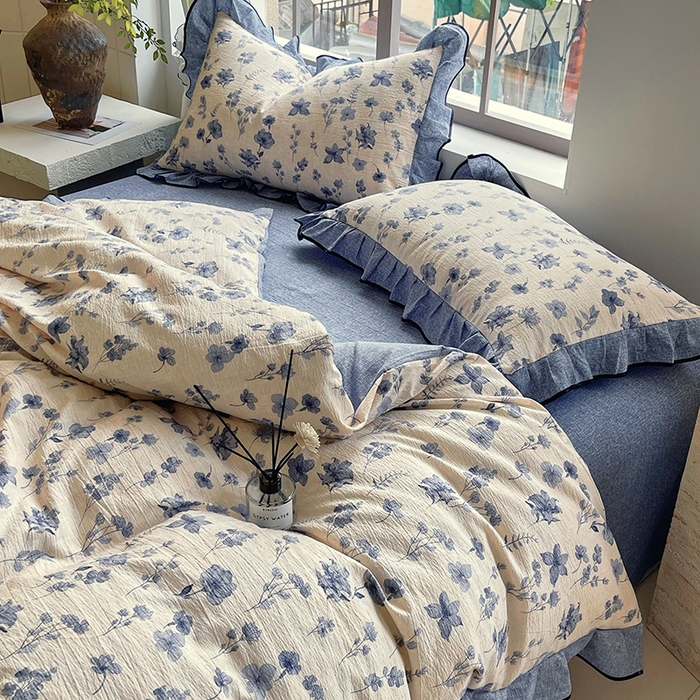 91家纺网 家纺一手货源 找家纺 宝士康家纺 2025新品10A抗菌原麻荷叶边床单款四件套 水墨江南