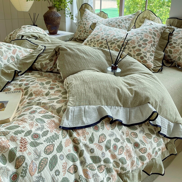 91家纺网 家纺一手货源 找家纺 宝士康家纺 2025新品10A抗菌原麻荷叶边床单款四件套 绿野仙踪