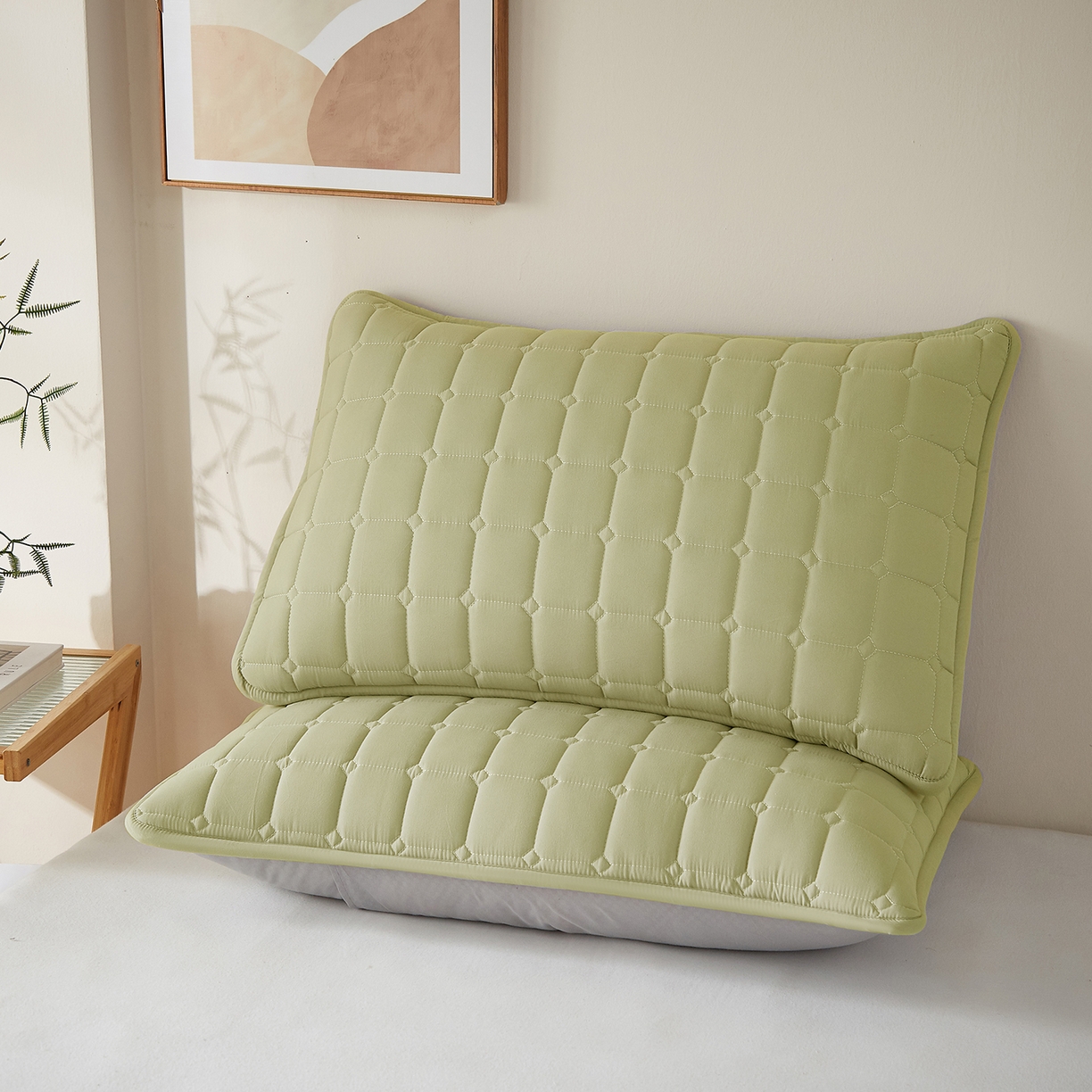 91家纺网 家纺一手货源 找家纺 缦吉 2025款A类母婴级大豆夹棉单枕套 绿色