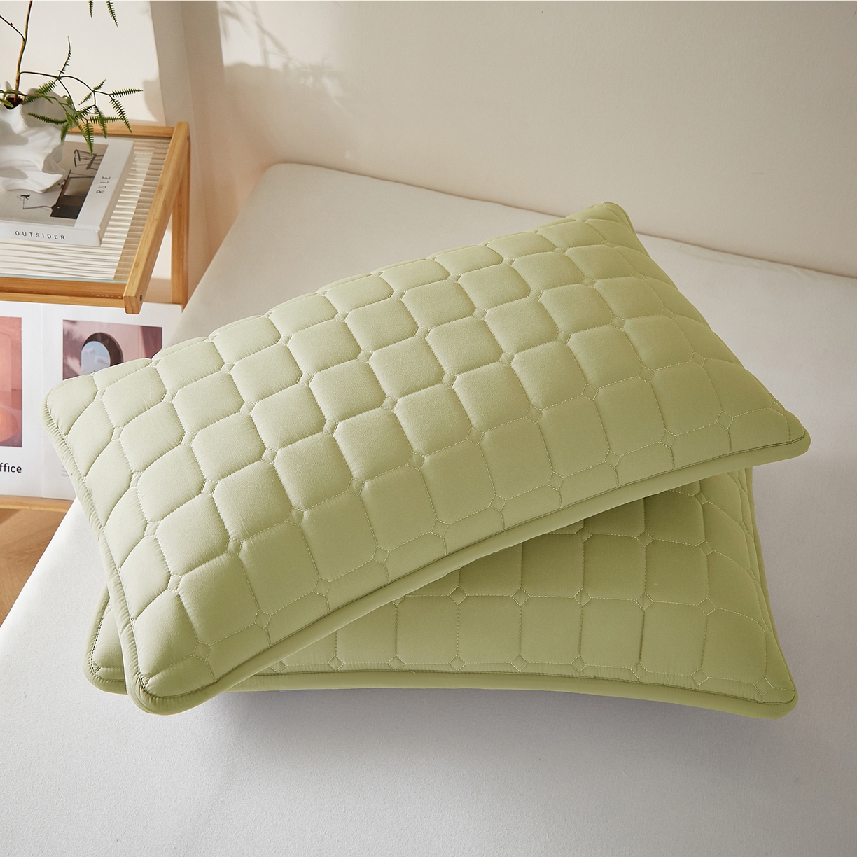 91家纺网 家纺一手货源 找家纺 缦吉 2025款A类母婴级大豆夹棉单枕套 绿色