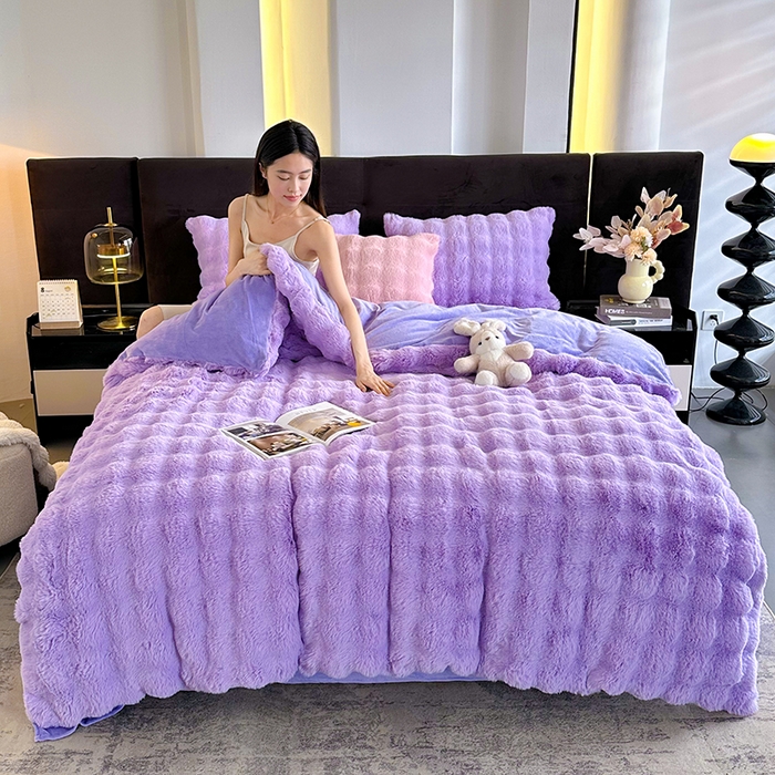 赢盛家纺 2025新款亲肤舒适纯色泡泡兔兔绒加厚牛奶绒床单款三件套四件套 紫色
