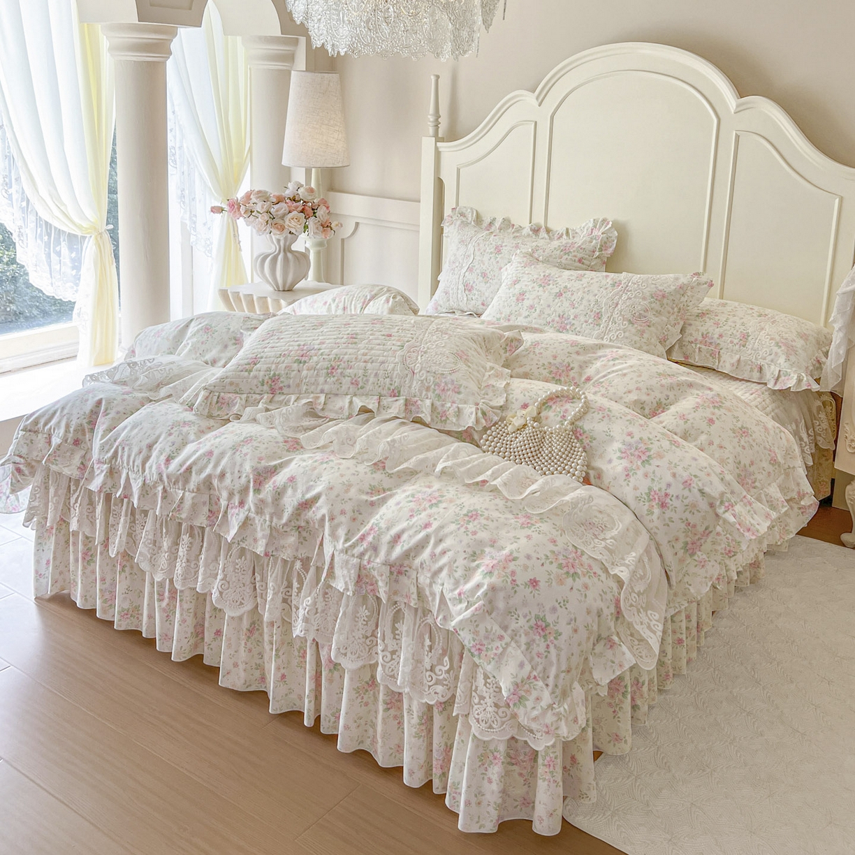 91家纺网 家纺一手货源 找家纺 恋尚2025新款全棉纯棉印花床裙四件套  床裙控价135起！四件套控价260元起！ 花团锦簇