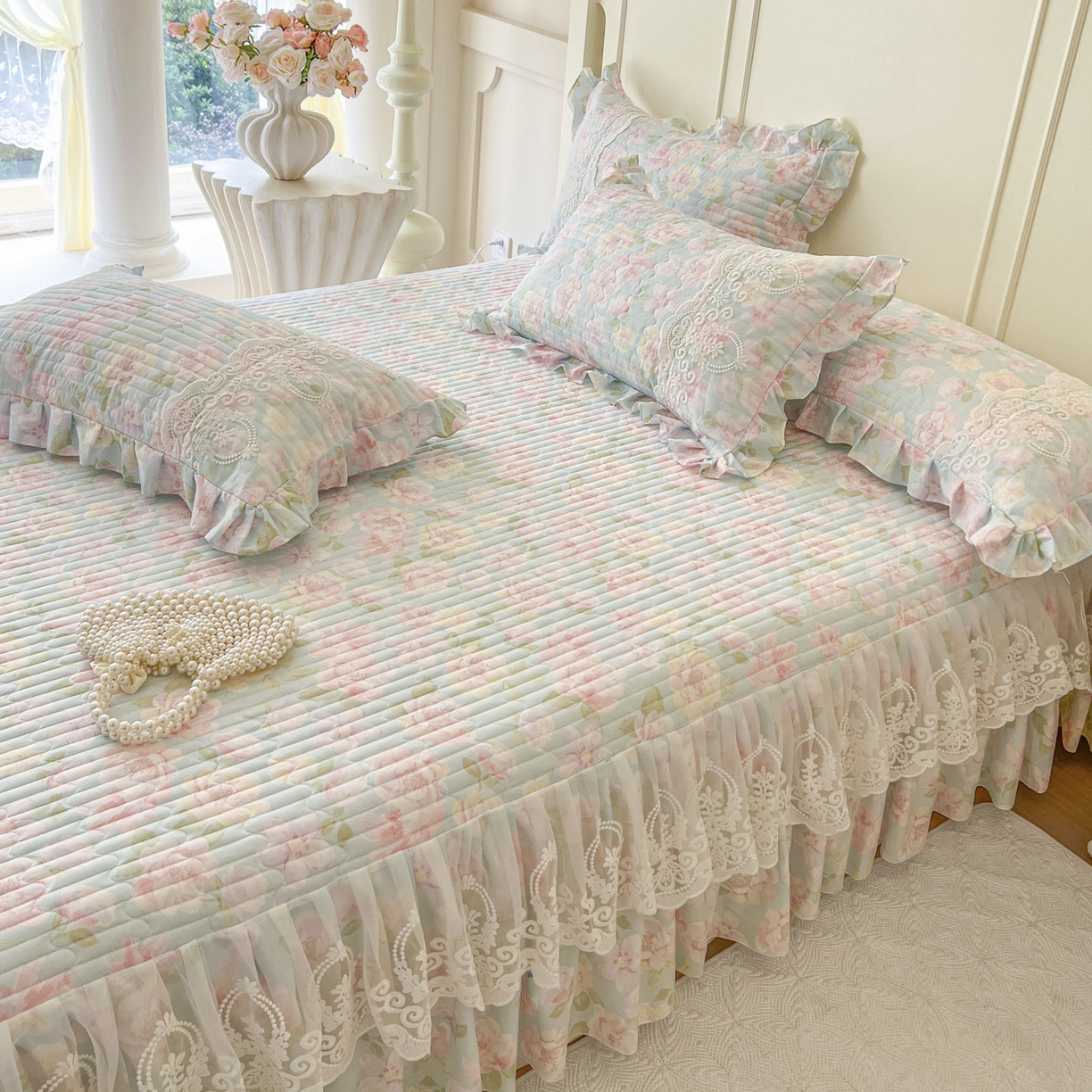 91家纺网 家纺一手货源 找家纺 恋尚2025新款全棉纯棉印花床裙四件套  床裙控价135起！四件套控价260元起！ 梦蔓花姿