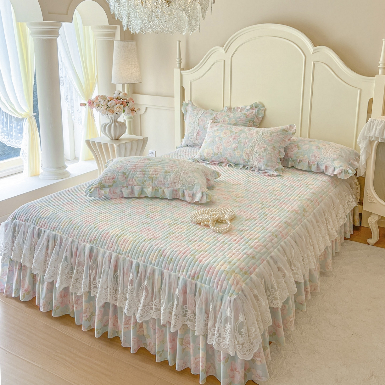 91家纺网 家纺一手货源 找家纺 恋尚2025新款全棉纯棉印花床裙四件套  床裙控价135起！四件套控价260元起！ 梦蔓花姿