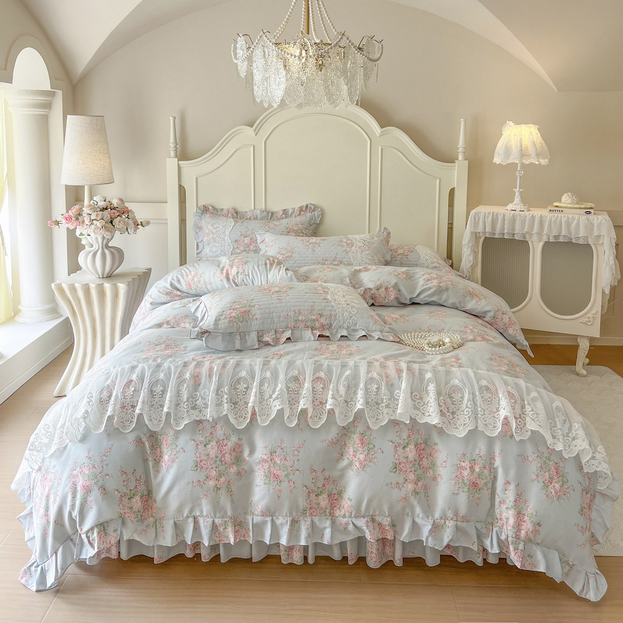 91家纺网 家纺一手货源 找家纺 恋尚2025新款全棉纯棉印花床裙四件套  床裙控价135起！四件套控价260元起！ 欧风花影