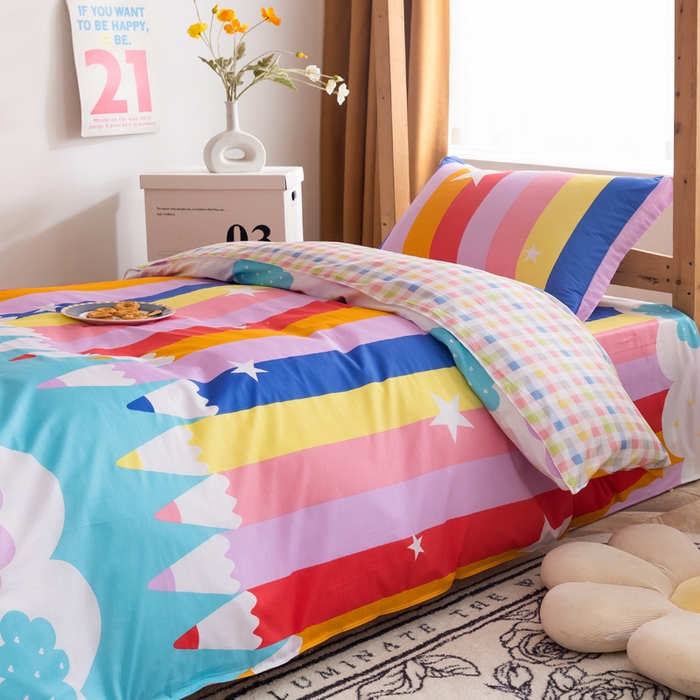 91家纺网 家纺一手货源 找家纺 小叮当家纺仓储工厂店 2025新款舒适亲肤全棉纯棉斜纹印花学生三件套 五彩缤纷